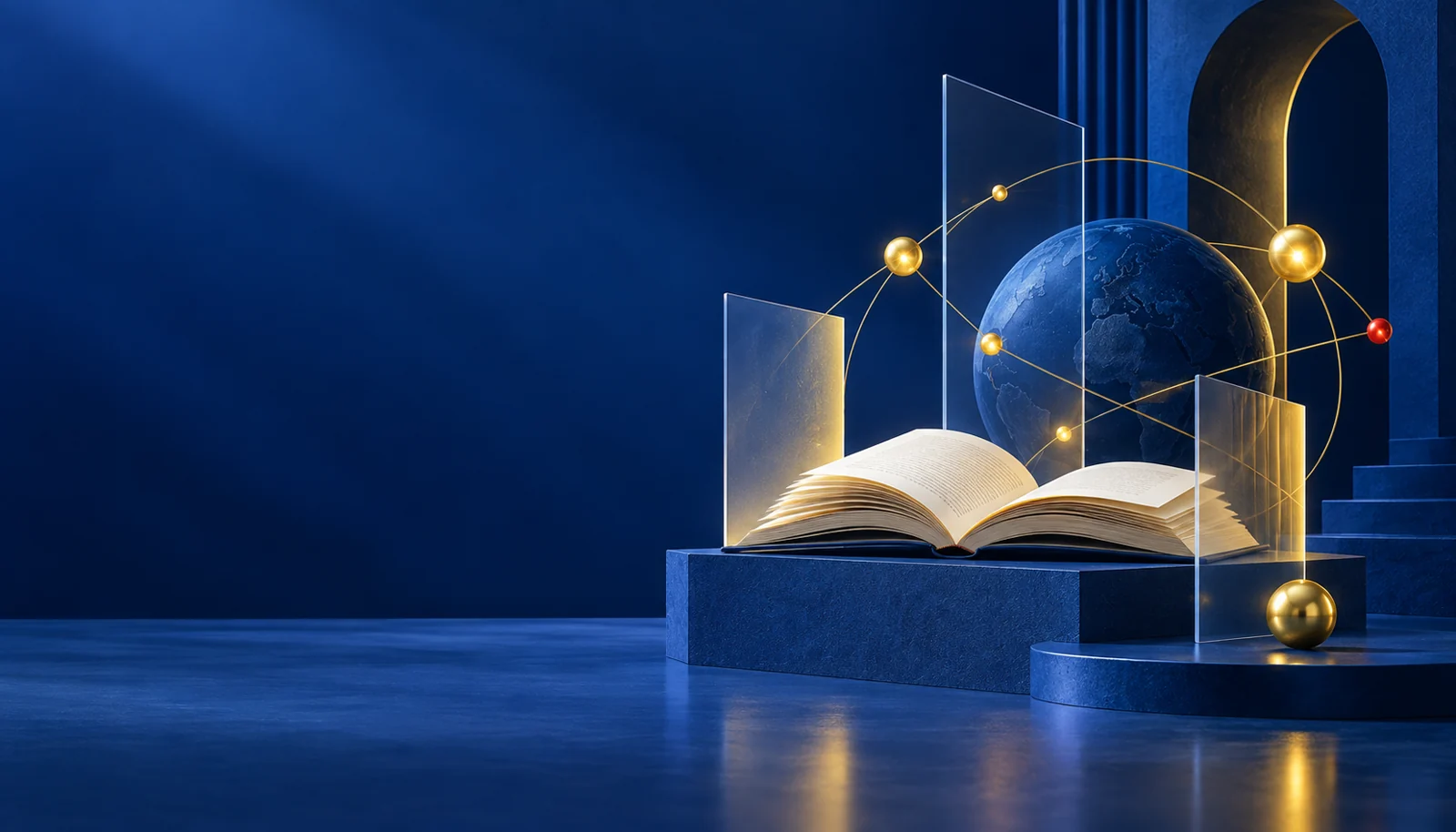 Ilustración conceptual de un libro y conexiones tecnológicas en tonos azules y dorados